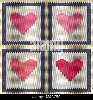 Gestrickte wollene nahtlose Muster mit rosa Herzen in vintage Quadrate. Valentinstag Stock Vektor