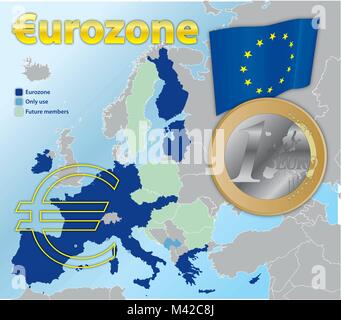 Eurozone Währung Karte und 1 Euro Münze, Vector Illustration Stock Vektor