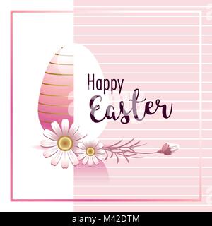 Frohe Ostern. Easter Egg und Kamillenblüten mit Schriftzug Skript über rosa Hintergrund. Vector Illustration. Stock Vektor