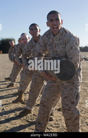 Rekruten mit Kilo Unternehmen, 3. rekrutieren Ausbildung Bataillon, führen Übungen Anmelden bei Marine Corps Recruit Depot San Diego, 31.01.22. Jede Übung half Rekruten entwickeln Herz-Kreislauf-Ausdauer und körperliche Anstrengungen für die Zukunft vorbereiten. Jährlich mehr als 17.000 Männer aus den westlichen Recruiting Region rekrutiert werden an MCRD San Diego ausgebildet. Kg Unternehmen ist der Abschluss 16. März geplant. Stockfoto