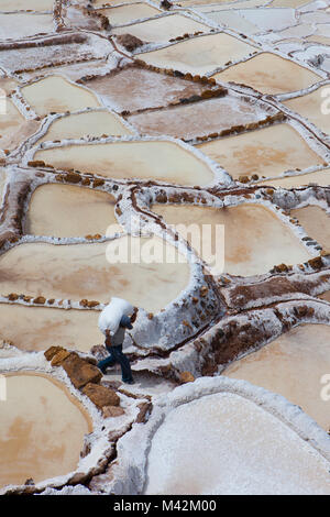 Peru, Maras, Salz, Bergbau, Beschäftigten in Salinen. Stockfoto