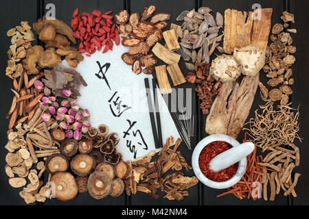 Chinesische Akupunktur Nadeln und moxa Sticks in moxibustion Therapie mit traditionellen Kräutern in der Kräutermedizin auf dunklem Holz Hintergrund verwendet. Stockfoto
