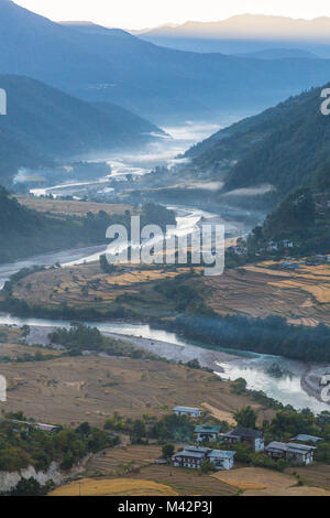 Punakha, Bhutan. Morgennebel in der Mo River Valley. Stockfoto