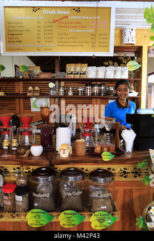 Ein junges Mädchen woking in einem Kaffeehaus in Ubud Kunstmarkt Ubud Bali. Indoneisa. Stockfoto