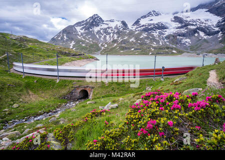 Passo del Bernina - Schweiz lange Exposition von Bernina Express Stockfoto