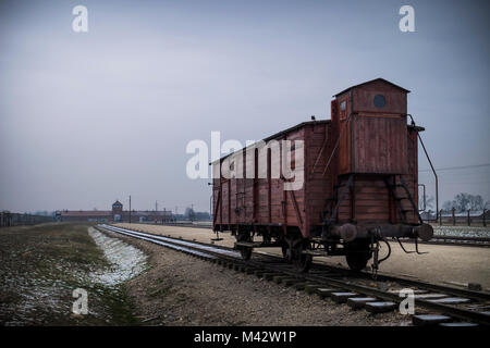 Auschwitz, Oswiecim, Birkenau, Brzezinka, Polen, Nord Ost Europa. Der Wagen des Zuges hat Häftlinge in das Lager deportiert. Stockfoto