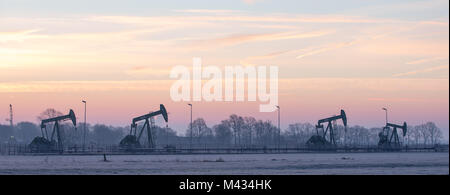 Emlichheim, Deutschland. 8 Feb, 2018. Eine Außenansicht von verschiedenen Pferdekopf Pumpen in der Morgendämmerung in Emlichheim, Deutschland, 8. Februar 2018. Erdöl ist seit mehr als 70 Jahren in der Grafschaft extrahiert. Öl Produzent Wintershall zielt darauf ab, neue Ölfelder mit seismischen Messungen zu entdecken. Credit: Friso Gentsch/dpa/Alamy leben Nachrichten Stockfoto