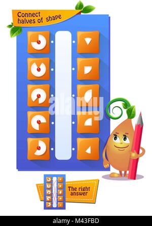 Lernspiel für Kinder. Entwicklung von Logik, iq. Aufgabe Spiel verbinden Hälften der Form Stock Vektor