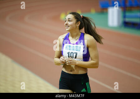 Kharkov, Ukraine - Februar 9, 2018: Rimma Hordiyenko - gewinnen Sie den zweiten Platz im fünfkampf Wettbewerb auf Ukrainischen indoor Leichtathletik Meisterschaft 2018 Stockfoto