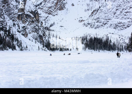 Pragser See eingebettet in den Schnee. Zauber der Dolomiten Stockfoto