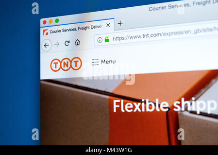 LONDON, UK, 10. Februar 2018: Die Homepage der offiziellen Website für TNT - die Lieferung per Kurier Unternehmen, am 10. Februar 2018. Stockfoto
