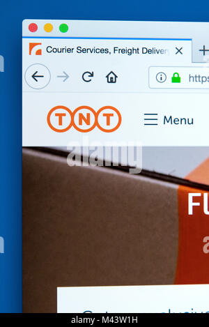 LONDON, UK, 10. Februar 2018: Die Homepage der offiziellen Website für TNT - die Lieferung per Kurier Unternehmen, am 10. Februar 2018. Stockfoto