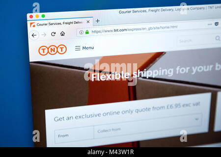 LONDON, UK, 10. Februar 2018: Die Homepage der offiziellen Website für TNT - die Lieferung per Kurier Unternehmen, am 10. Februar 2018. Stockfoto