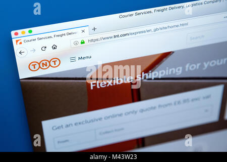 LONDON, UK, 10. Februar 2018: Die Homepage der offiziellen Website für TNT - die Lieferung per Kurier Unternehmen, am 10. Februar 2018. Stockfoto