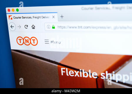 LONDON, UK, 10. Februar 2018: Die Homepage der offiziellen Website für TNT - die Lieferung per Kurier Unternehmen, am 10. Februar 2018. Stockfoto