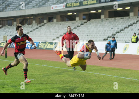 CLUJ Napoca, Rumänien - 10. Februar: Die nationalen Rugby Team von Rumänien gegen Deutschland spielen beim Rugby World Cup Qualifier Match in Cluj Arena Stockfoto