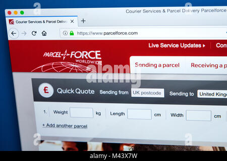 LONDON, UK, 10. Februar 2018: Die Homepage der offiziellen Website für Parcelforce Worldwide - der Kurier und Logistik Service in Großbritannien, am 10. Stockfoto