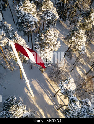 Luftaufnahmen der Lettischen Flag Rised up auf Pole in sonnigen Wintertag, zwischen Pinien bedeckt im Schnee Stockfoto