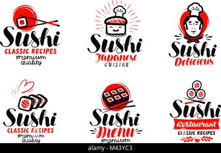 Sushi, Sashimi Logo oder Label. Japanische Küche, Fast Food und Typografie. Schriftzug Vector Illustration Stock Vektor