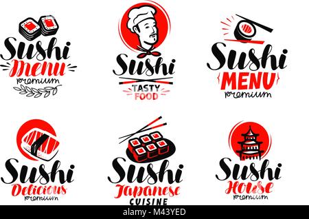 Sashimi, Sushi, Logo oder Label. Japanische Küche, gesundes Essen und Typografie. Schriftzug Vector Illustration Stock Vektor