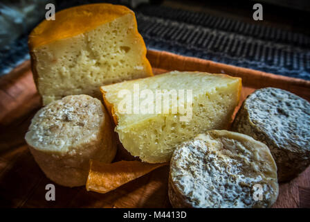 Mehrere Arten von Käse auf einem Holzbrett Stockfoto