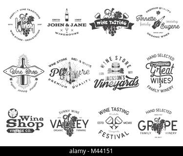 Wein schwarz Logos, Etiketten eingestellt. Weingut, Wein Shop, Wein Abzeichen Sammlung. Retro trinken Symbol. Typografische Gestaltung Vector Illustration. Vektor Embleme und Symbole auf weißem Hintergrund. Stock Vektor