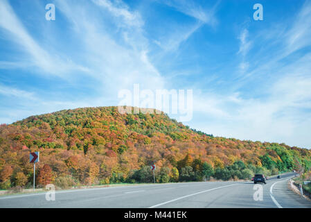 Lebendige farbige Bäume am Berghang neben einem viel befahrenen Highway, im Spätherbst. Schöne, bunte Herbst Hintergrund. Stockfoto