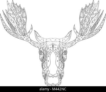 Doodle art Illustration eines Bull Moose oder Elch Kopf mit von vorne gesehen auf isolierten Hintergrund in Mandala Stil auf isolierten Hintergrund durchgeführt. Stock Vektor