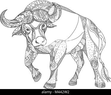 Doodle art Illustration der afrikanischen Büffel, Büffel oder Syncerus caffer, einem großen afrikanischen Rindern Laden von vorne in Schwarz und Weiß getan gesehen. Stock Vektor