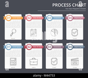 Prozessablauf, Flow chart Vorlage, Infografiken Design Elemente mit Zahlen und Text, business Infografiken, Workflow, Schritte, Optionen, Vector EPS 10. Stockfoto