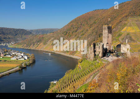 Ruinen von Metternich Schloss mit Weinberg, Beilstein, Mosel, Rheinland-Pfalz, Deutschland Stockfoto