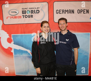 Deutsche Tischtennispieler Petrissa Solja Bastian Steger DTTB, Tischtennisschaukampf 4.3.14 Magdeburg Stockfoto