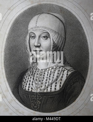 Isabella I. von Kastilien (451-1504). Königin von Kastilien. Die Katholische. Porträt. Gravur, 1879. Stockfoto