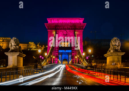 Beleuchteter Kettenbrücke mit Spuren von Licht in der Nacht, Budapest, Ungarn Stockfoto