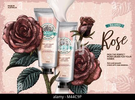 Rose Handcreme ads, exquisite Handcreme Produkt- und cremige Textur in 3D-Darstellung mit Rosen Dekorationen in Radierung shading Stil Stock Vektor