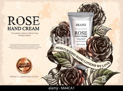 Rose Handcreme ads, exquisite Handcreme Produkt- und Golden Label in 3D-Darstellung mit Rosen in Radierung shading Stil Stock Vektor