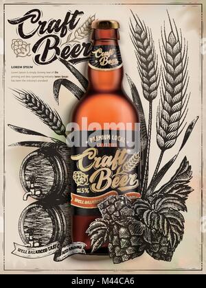 Handwerk Bier ads, exquisite Flaschenbier in 3d Illustration isoliert auf Retro Hintergründe mit Weizen, Hopfen und Barrel in Radierung shading Stil Stock Vektor