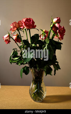 Ein Bündel von Sterbenden rosa Rosen in einer Glasvase. Stockfoto