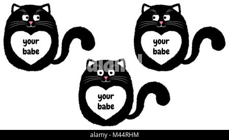 Vektor schwarze Katze im Comic-stil. Lustige Abbildung: Sitzen schwarze Katze mit weißen Herzen vor Ort und mit Beschriftung Ihr Baby. Süße dicke Katze Stock Vektor