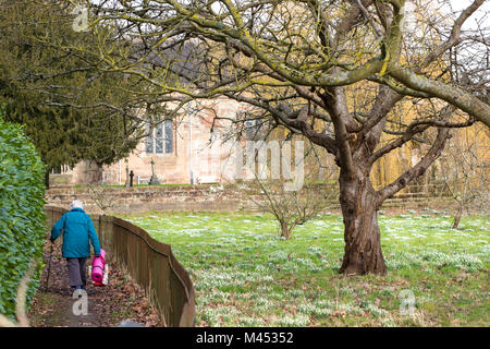 Pensionierte Dame mit Stock & hell rosa Trainingsmatte, wobei a in Richtung Dorf Kirche entfernt. Senioren fit halten im Ruhestand. Stockfoto
