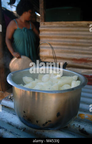 Frau kochen ein Topf von taro, Rakiraki, Fidschi. Stockfoto