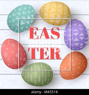 Frohe Ostern Eier Rahmen mit Text. Bunte Ostereier im weißen Holz- Hintergrund. Ihr Design, elegante Ornamente. Vector Illustration. Postkarte temp Stock Vektor