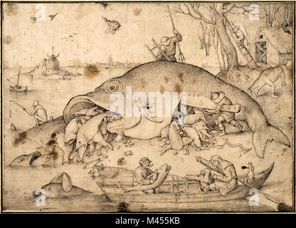 Die großen Fische fressen die kleinen Fische, Bruegel Zeichnung für ein Print, 1556 Stockfoto