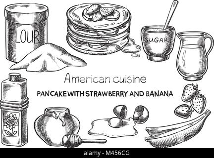 Pfannkuchen mit Erdbeere und Banane. Kreative konzeptionelle Vektor. Skizze Hand gezeichnet American Food Rezept Abbildung, Gravieren, Tinte, Strichzeichnungen, Vektor. Stock Vektor