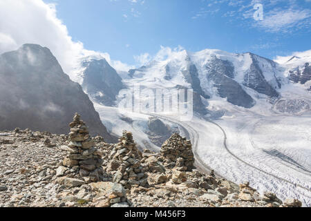 Übersicht der Diavolezza und Pers Gletscher und Piz Palù, St. Moritz, Kanton Graubünden, Engadin, Schweiz Stockfoto