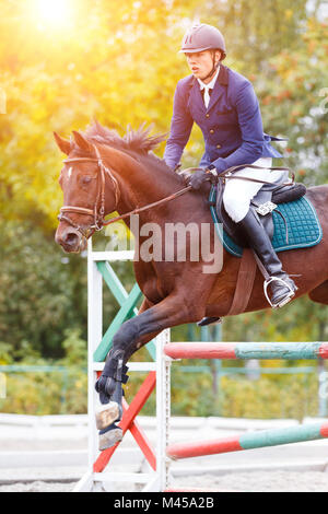 Junge Reiter Mann auf Bay Horse über die Hürde springen auf Reitturnier Stockfoto