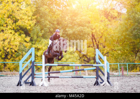 Junge Reiter Mädchen auf Bay Horse über Barriere auf Pferdesport Wettbewerb springen. Reiten, Mädchen auf Show Jumping Wettbewerb Stockfoto