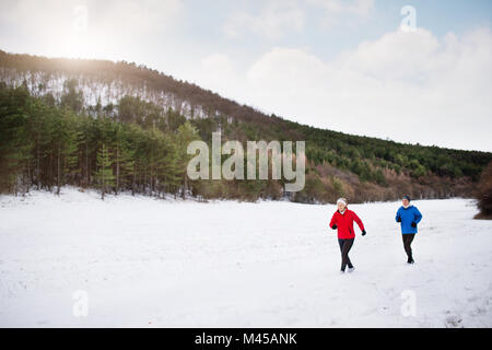 Senior paar Joggen im Winter Natur. Stockfoto