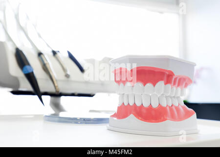 Saubere Zähne Zahnersatz, Dental kiefer Modell in der Zahnarztpraxis. Stockfoto