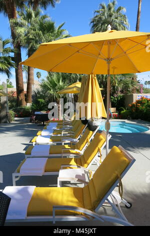 Gelbe Liegestühle und Sonnenschirme am Pool in Palm Springs, Kalifornien; Colts Lodge Bed & Breakfast Stockfoto